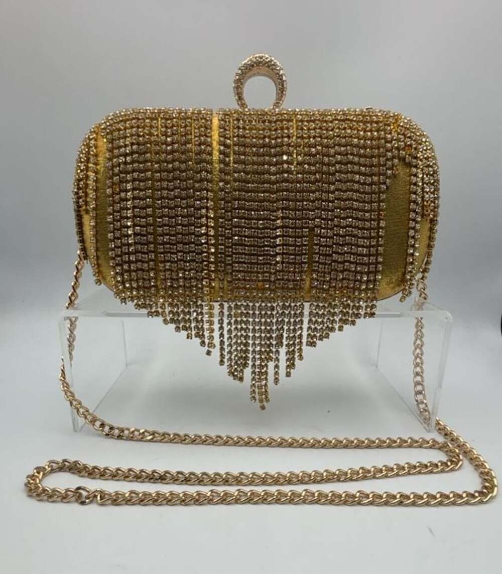 Badgley Mischka Rhinestone Fringe Gold Clutch